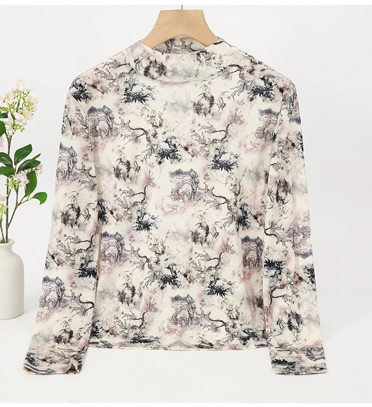 新款时尚印花半高领美丽诺羊毛长袖上衣气质套头时尚T恤上衣C6810