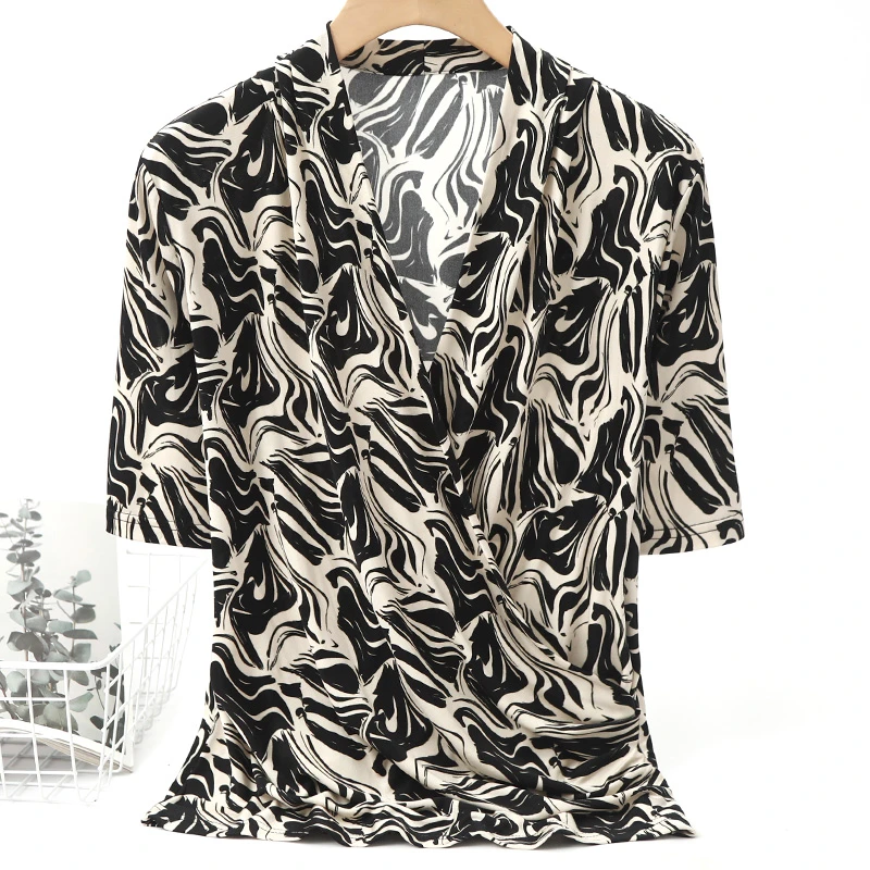 LANZIBES/蓝之蓓真丝交叉V领气质印花T恤桑蚕丝洋气减龄上衣M6181