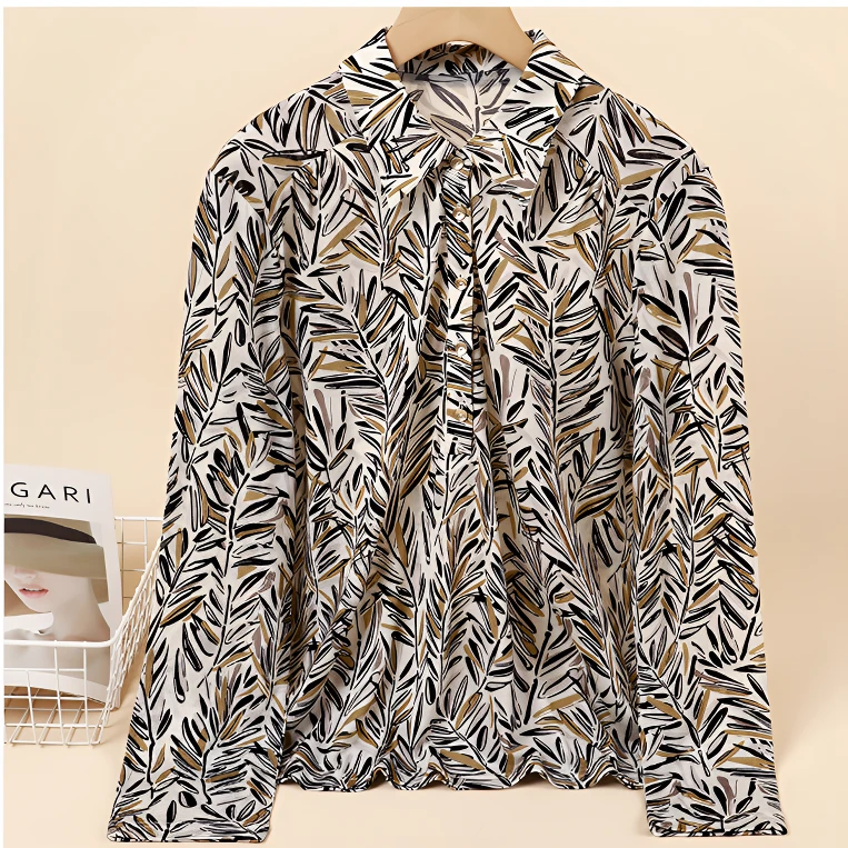 直播推荐春秋季女士绵羊毛翻领长袖时尚印花休闲针织衬衫 C5239