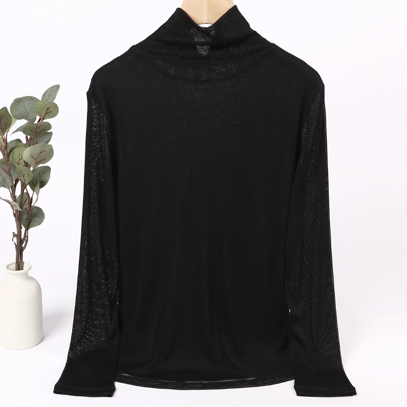 LANZIBES/蓝之蓓真丝高领网纱长袖打底黑色修身显瘦上衣C5418