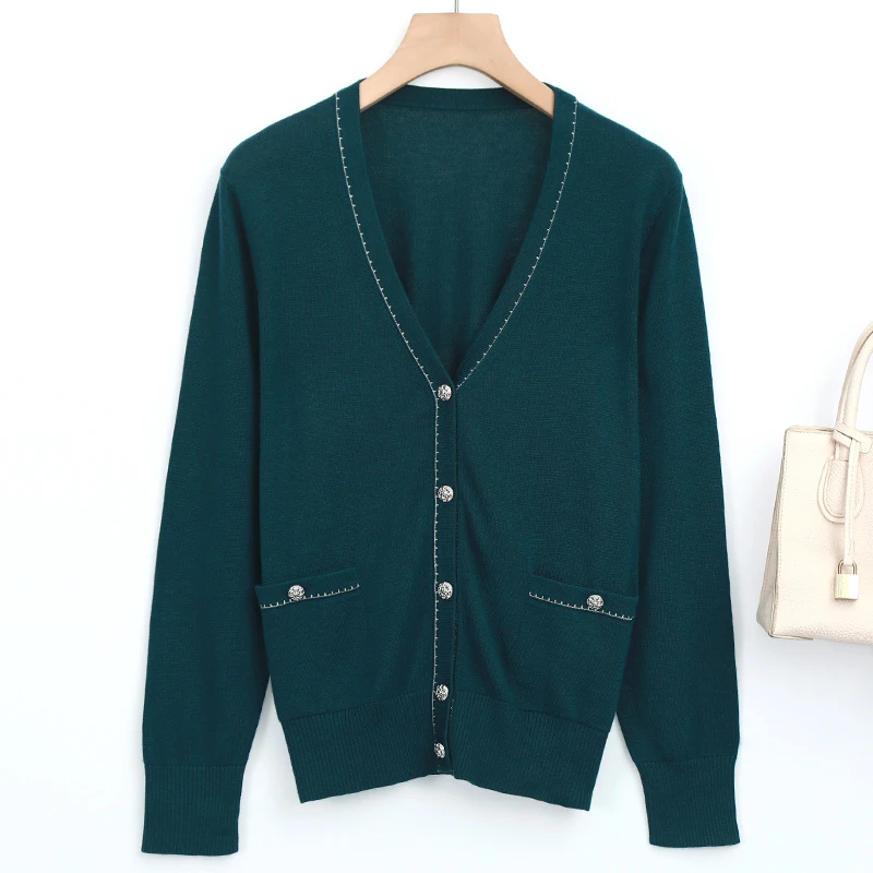 LANZIBES/蓝之蓓桑蚕丝混纺V领长袖开衫显瘦针织纯色外套C7176