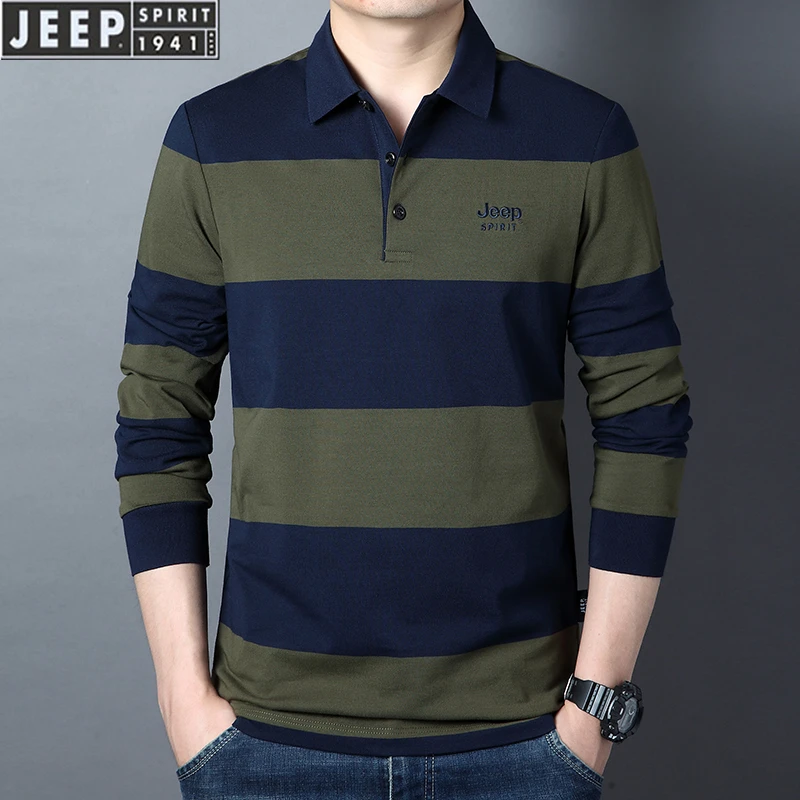 JEEP SPIRIT长袖t恤男秋装新款商务翻领条纹POLO衫大码男装