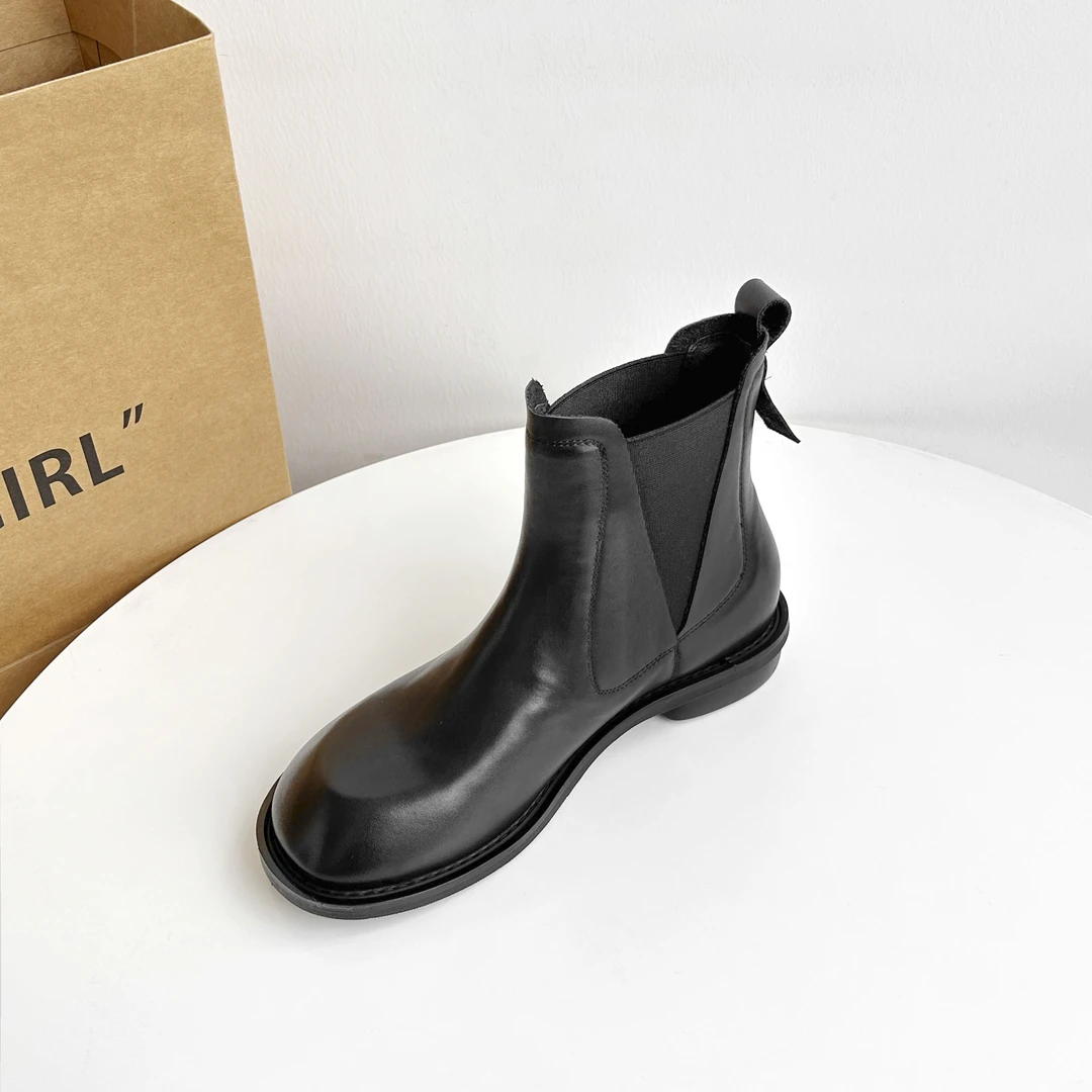 【现货】3cmXW1520牛皮短筒切尔西靴女秋冬百搭短靴平跟马丁靴黑色