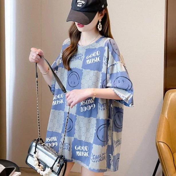 【粉丝专属】夏季女短袖t恤圆领宽松显瘦印花卡通中长款上衣女605