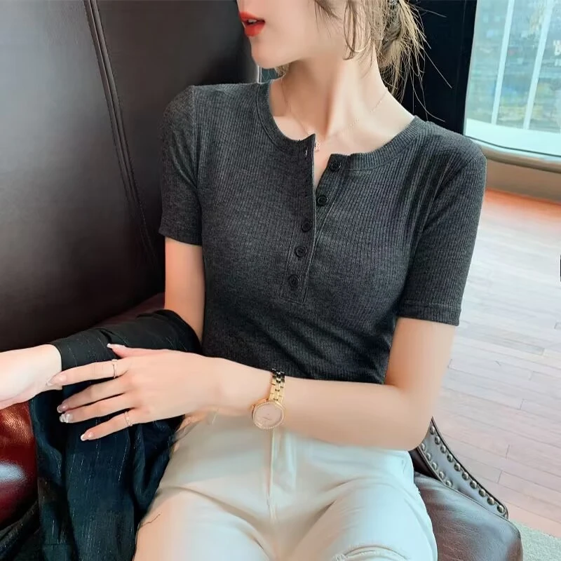 【粉丝专享】半开领纽扣夏季短袖女螺纹打底衫修身款显瘦上衣224