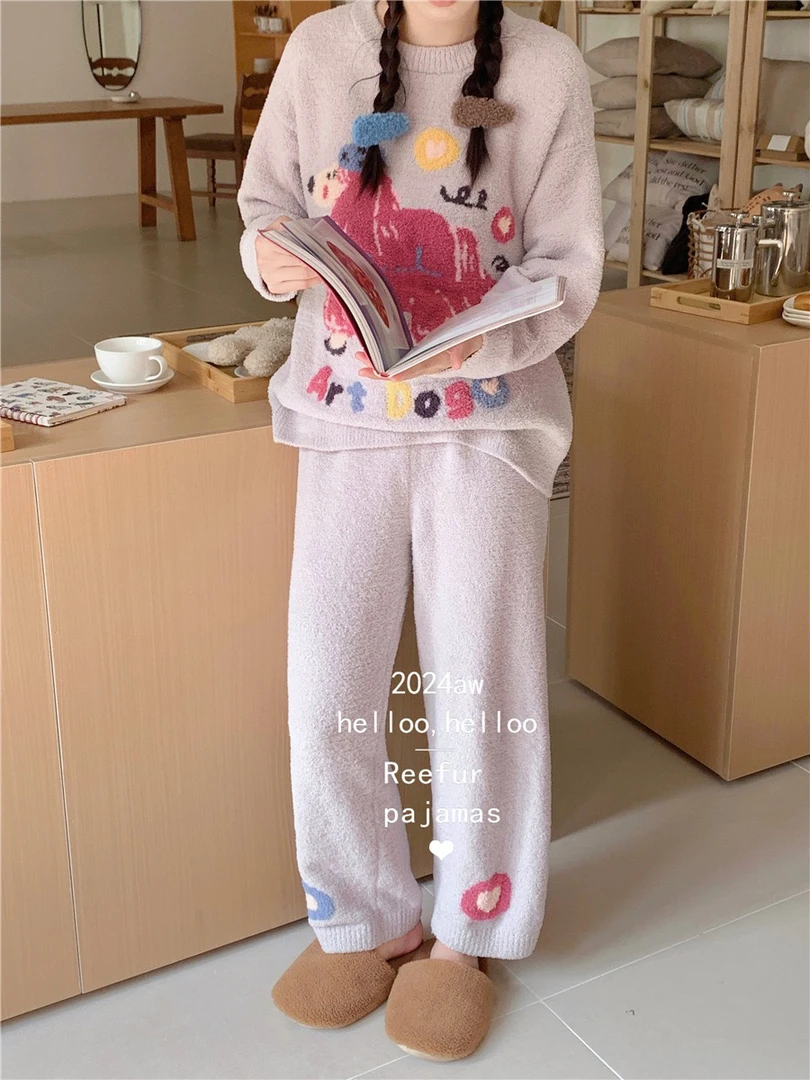 浅灰艺术狗女秋冬加厚保暖马卡龙休闲家居服套装可爱小狗可外穿