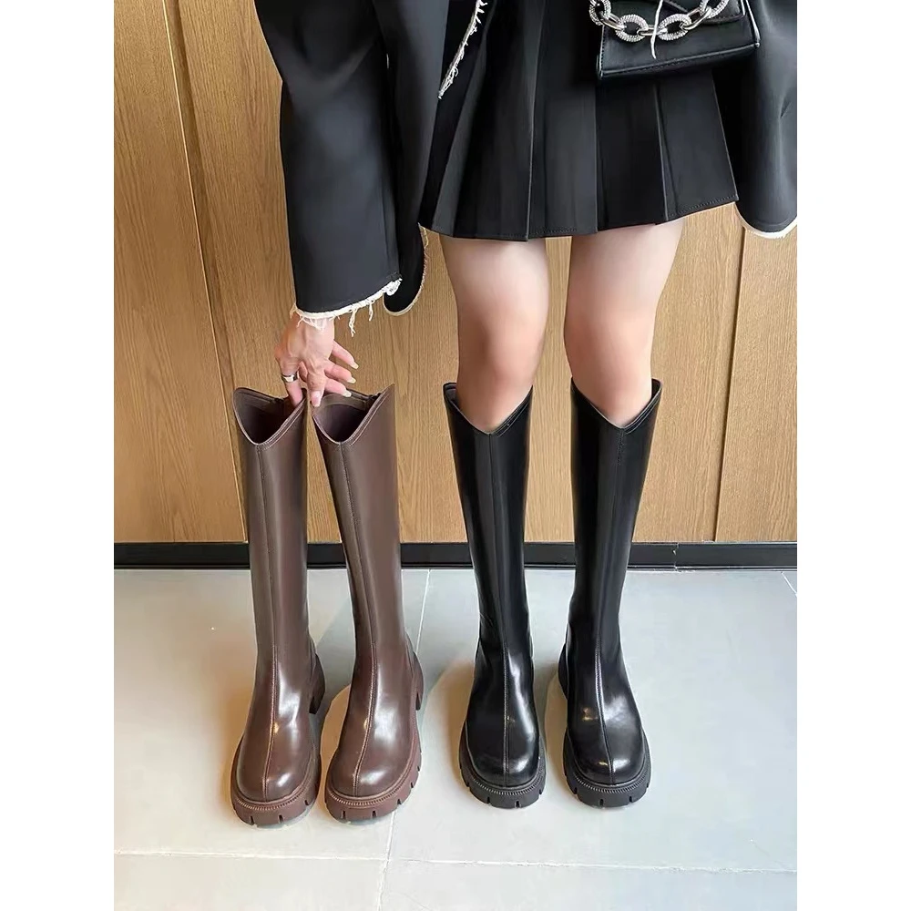 胖mm大筒围英伦风加宽骑士靴v口长靴粗腿高筒靴厚底长筒靴靴秋冬