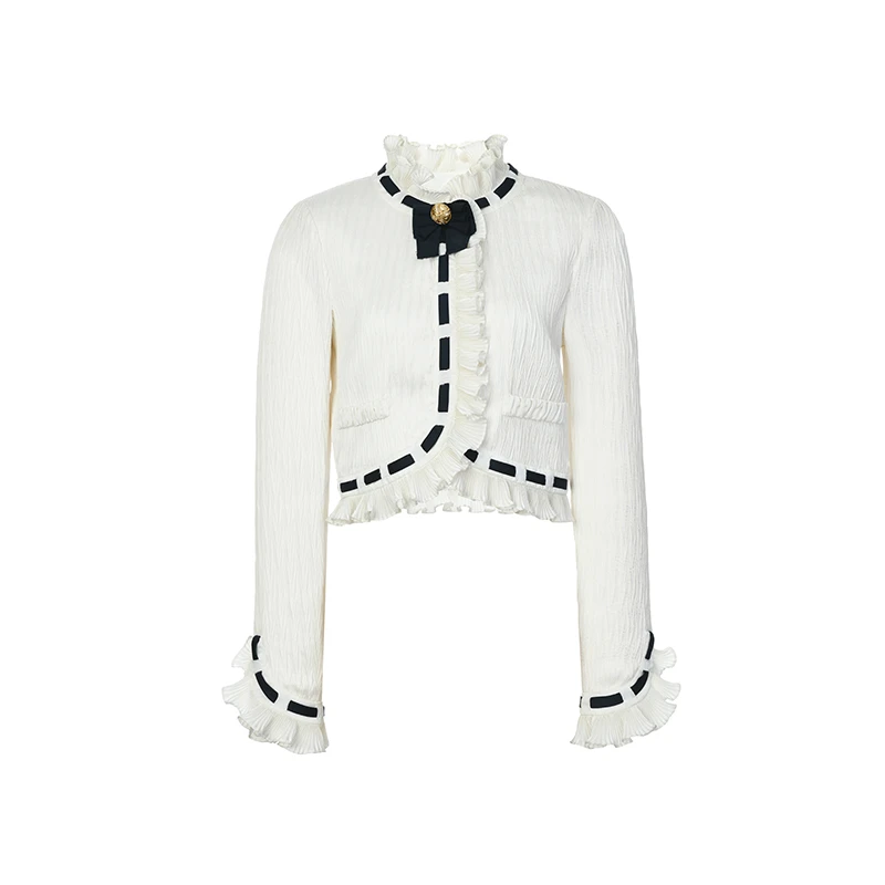 LeFame/拉飞姆2024冬季撞色条米白箱型上衣FF24D41SB183