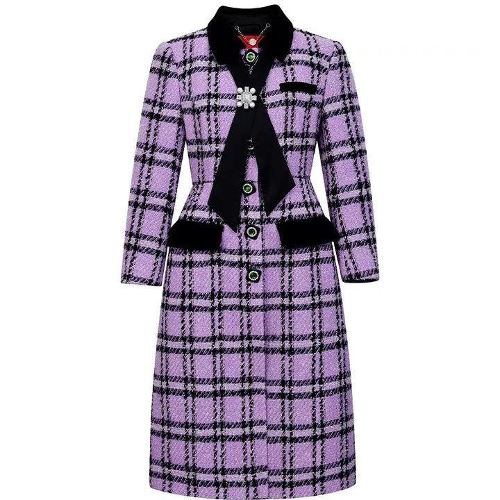 2022秋紫格纹复古领带丝绒粗花外套LF22Q31C02P168