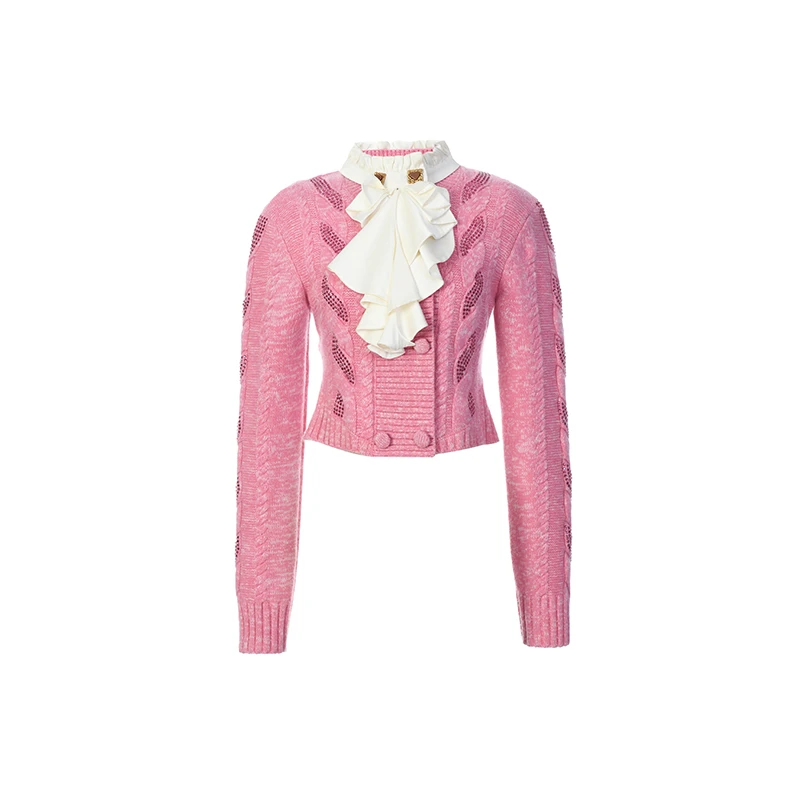 LeFame/拉飞姆粉色绞花烫钻荷叶领针织上衣LF24Q41ZB060
