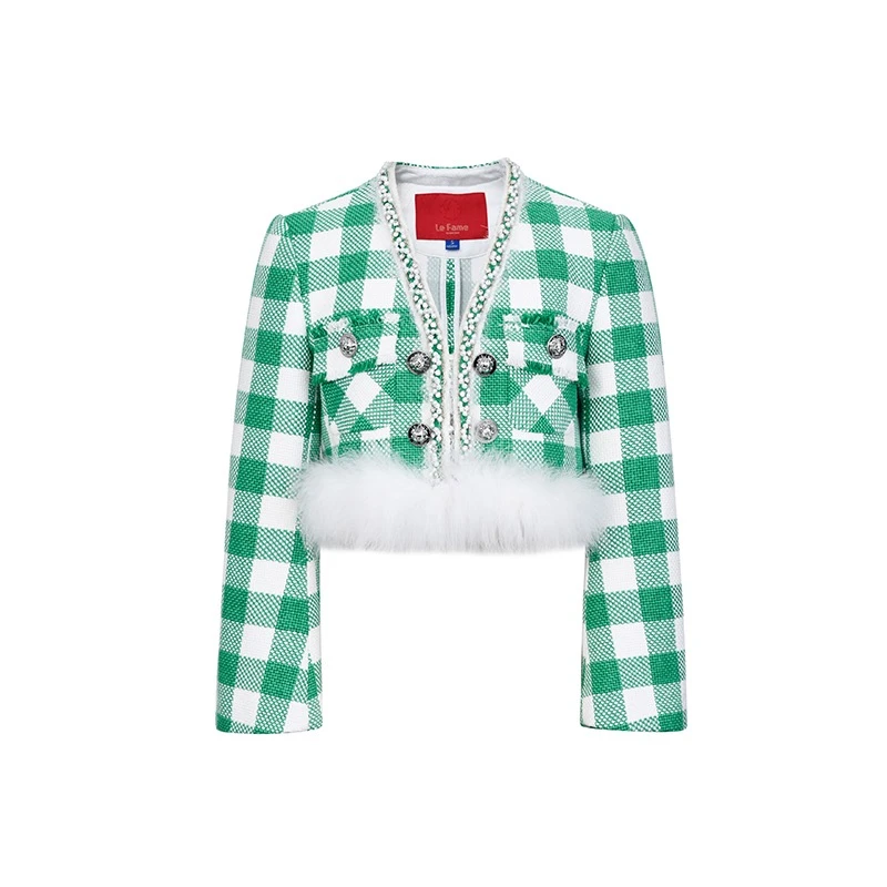 LeFame/拉飞姆复古中式棋盘格撞色无领毛毛短外套LF23C41C13G161