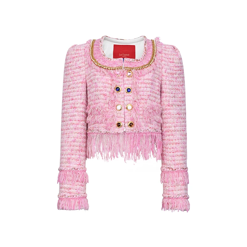 LeFame/拉飞姆2023年冬季粗花呢小香箱型毛织短外套LF23D21ZM158