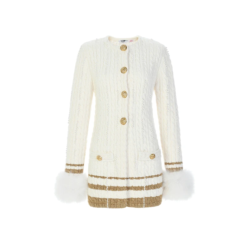 LeFame/拉飞姆冬老钱风咖白色条纹丝绒针织外套