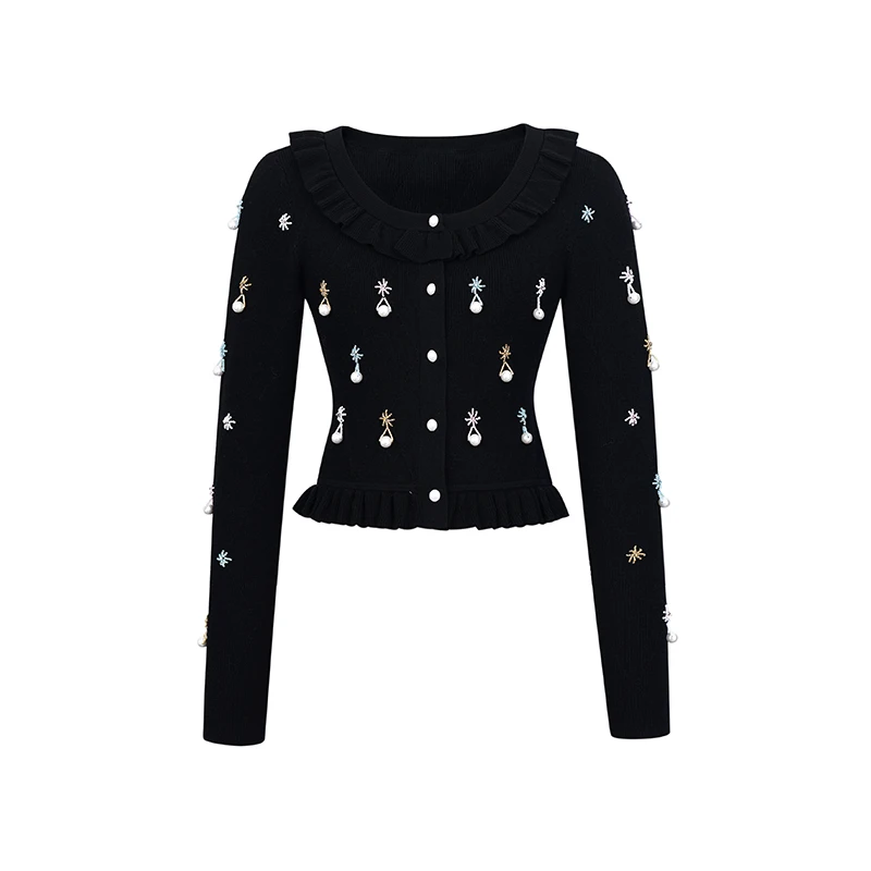 LeFame/拉飞姆23春季俏皮荷叶边钉珠长袖针织衫衫LF23C21ZB01B143