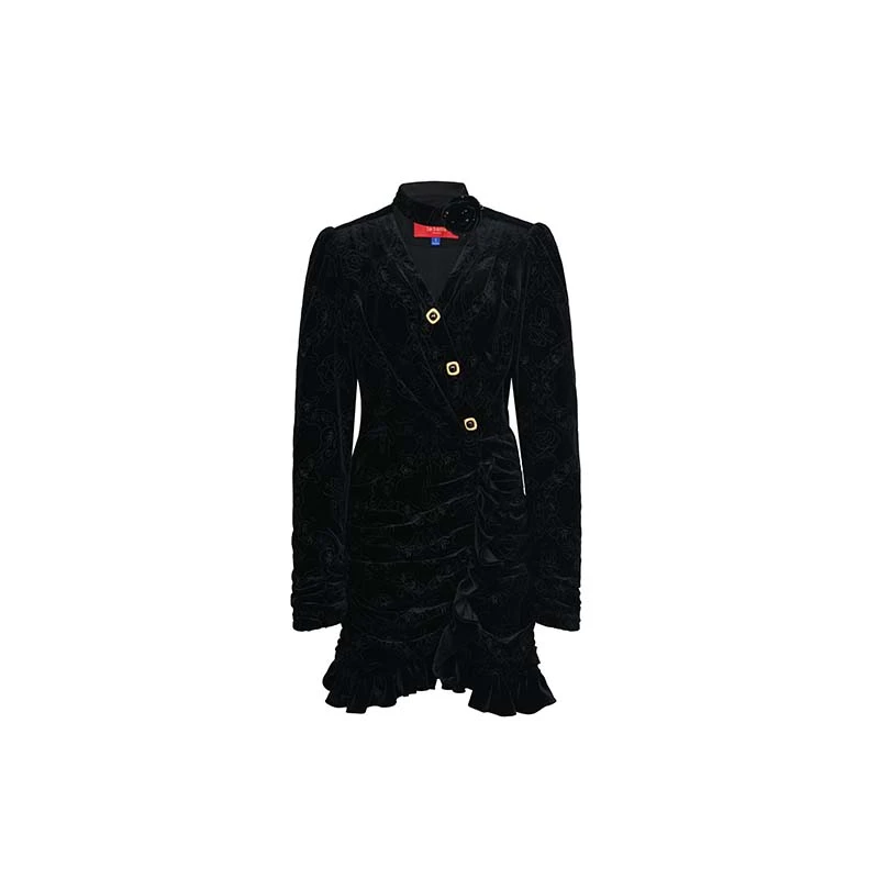 LeFame/拉飞姆2023年冬季宽肩中长款收腰丝绒连衣裙LF23D51SO174