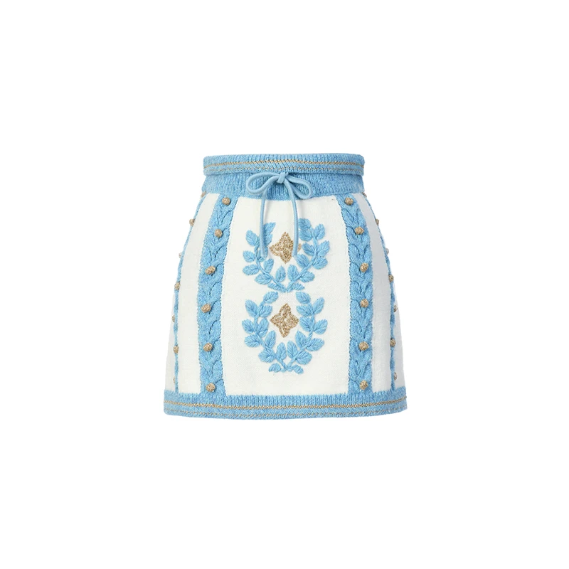 LeFame/拉飞姆复古国风蓝色针织时尚短裙重工女士LF24Q51ZS188