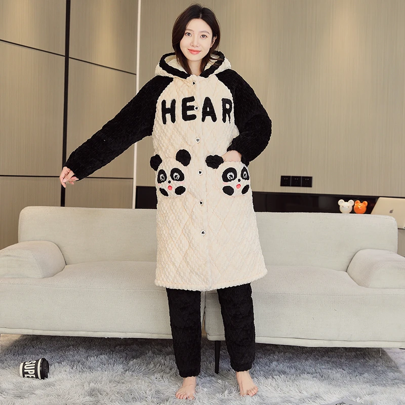 秋冬季女款加绒加厚长款黑白熊猫卡通刺绣睡衣棉服家居服可外穿