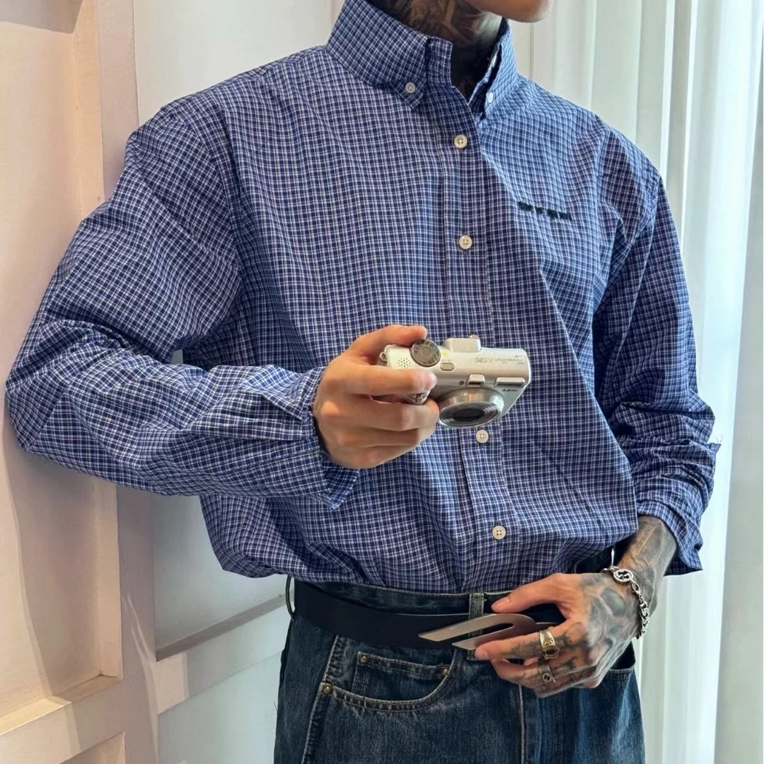 宽松【蓝色格纹衬衫】男女同款D23174