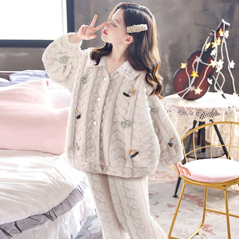 女童秋冬季珊瑚绒款长袖小花翻领纽扣开衫法兰绒亲子家居服套装