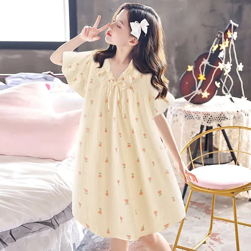 纯棉儿童睡裙女童春夏季短袖薄款女孩大童可爱公主母女亲子装家居