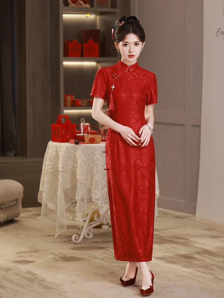 【佳人】红色旗袍蕾丝连衣裙高考送考妈妈婚宴敬酒服年轻气质春1102