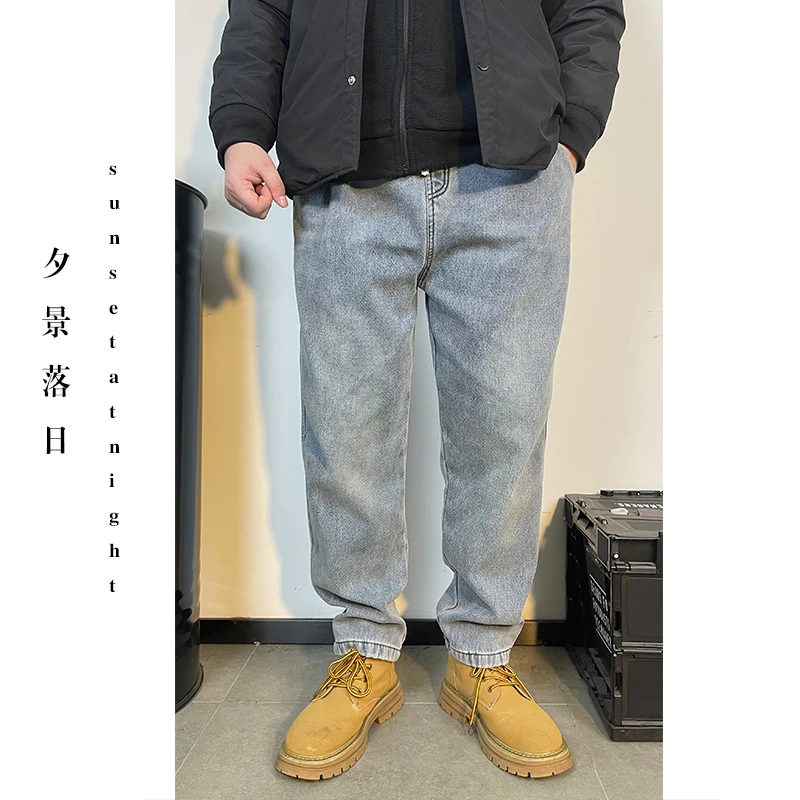 【cityboy】秋冬款加绒牛仔裤松紧腰休闲百搭复古水洗牛仔长裤D070