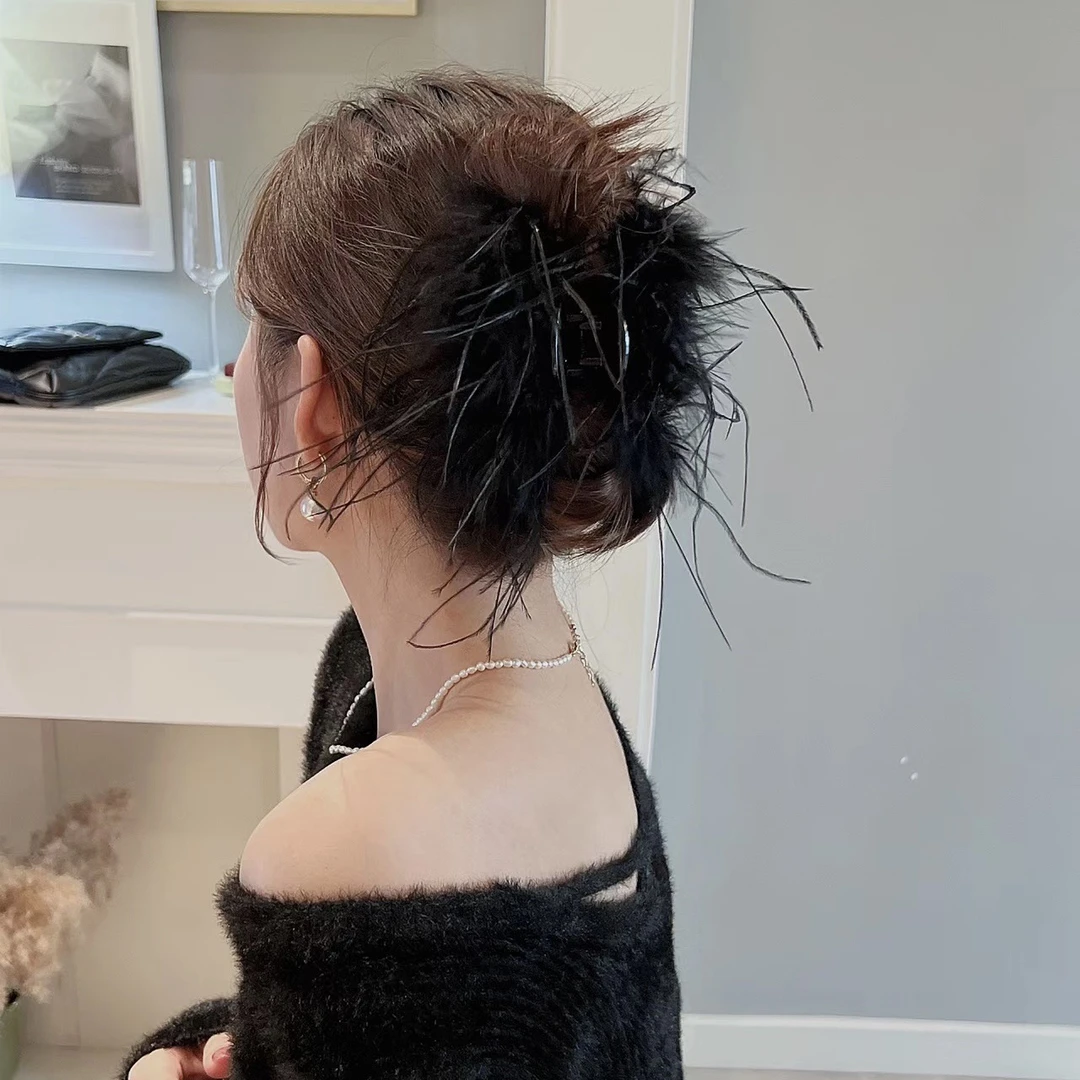 显发量大号羽毛抓夹女韩式ins风~半扎发夹子高级感鲨鱼夹发卡发饰