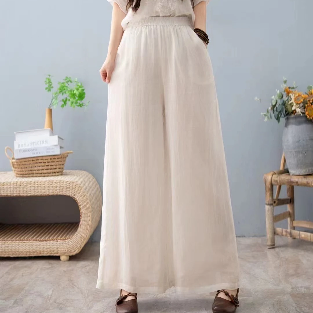 2025夏季新款复古文艺苎麻阔腿裤休闲裤宽松飘逸中式中国风双层