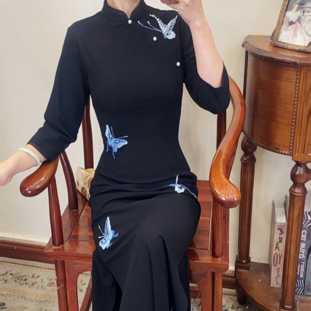 芳姐自制【蓝蝶】新中式国风少女气质显瘦长袖改良旗袍连衣裙