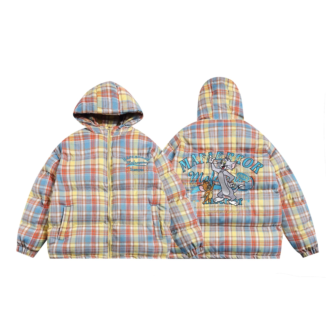 美式童趣汤姆猫连帽格子宽松棉衣中性慵懒bf加厚情侣外套满印保暖