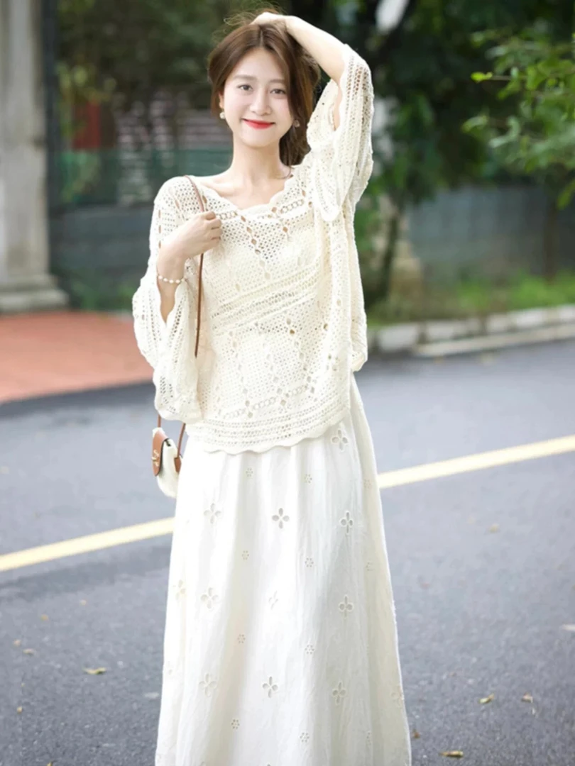 入秋搭配一整套法式慵懒钩花针织罩衫白色提花a字半身裙两件套女