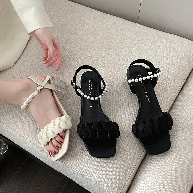 518-16(雄仔)凉鞋女外穿一字带粗跟女鞋仙女温柔风宽胖脚大码凉鞋