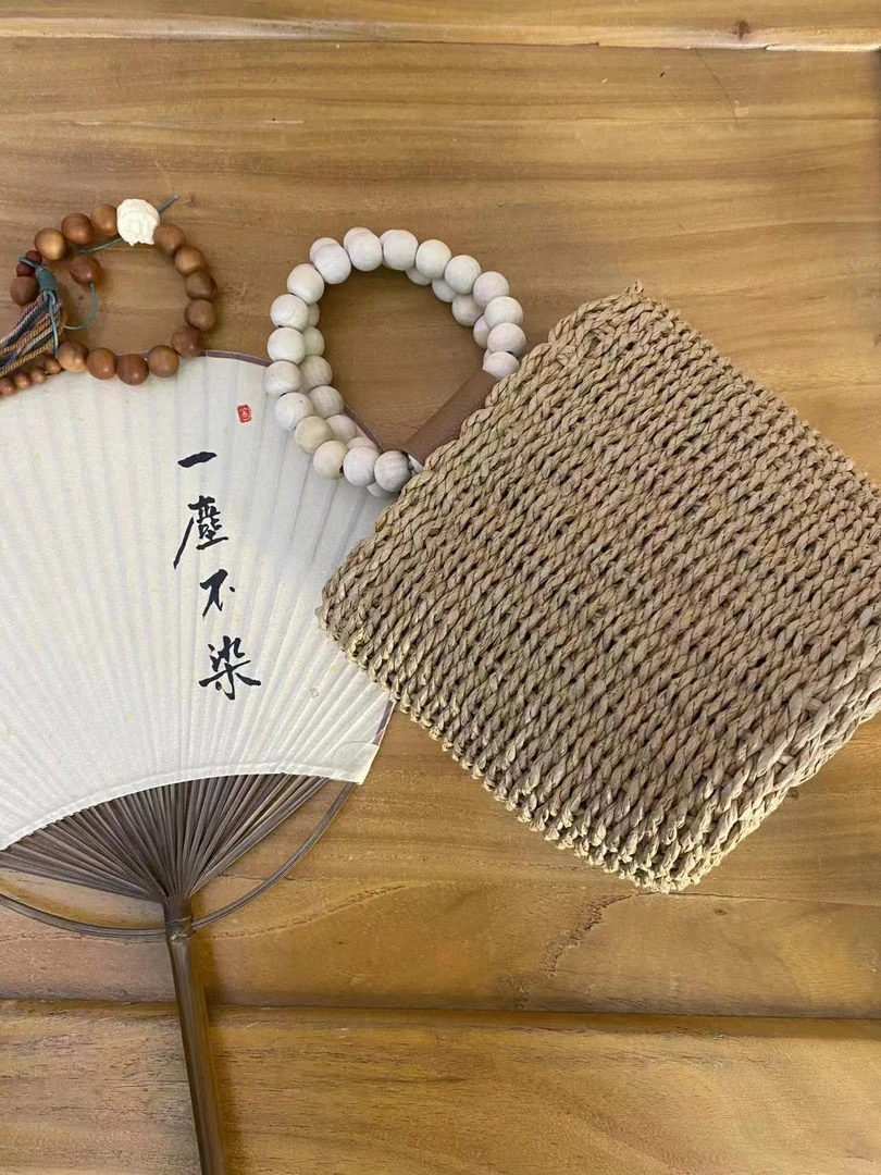 新款手工编制木珠抽绳百搭禅意风手提小包