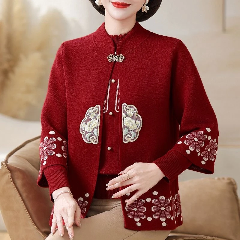 【加绒/不加绒】2024新中式妈妈针织两件套中老年女秋冬国风毛衣