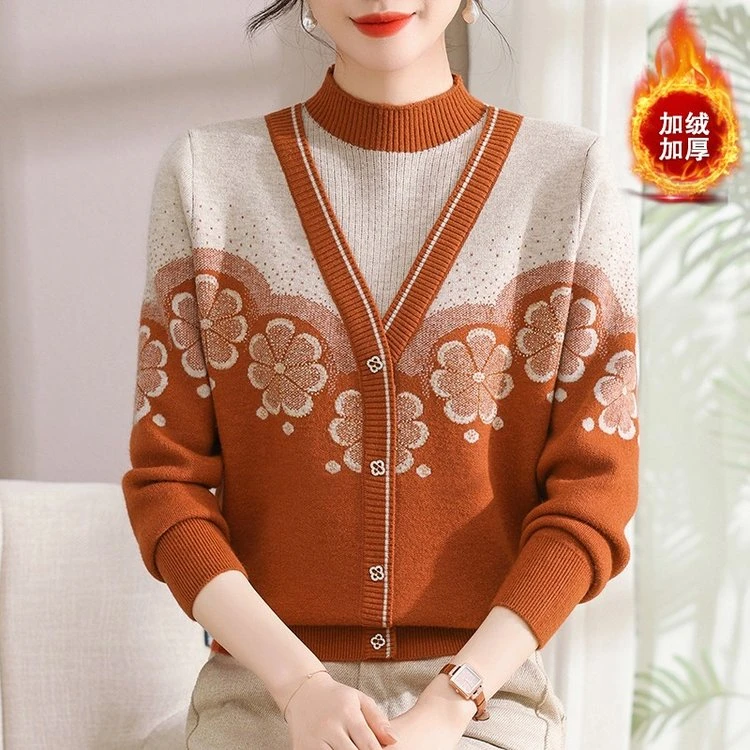 【加绒】妈妈装秋冬针织毛衣新款中老年人冬装加厚保暖毛衫加绒上衣