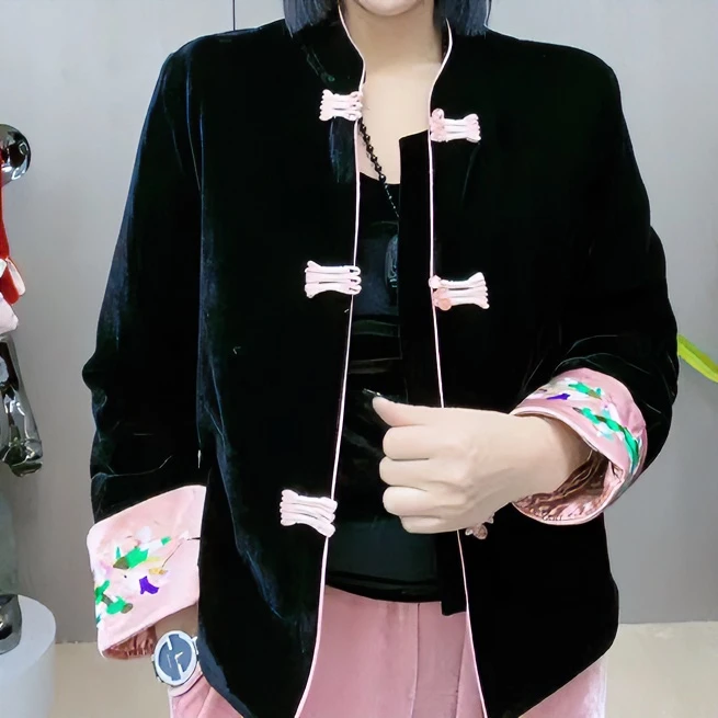 V+巍子原创时尚国风丝绒盘扣加长加棉外套8860#