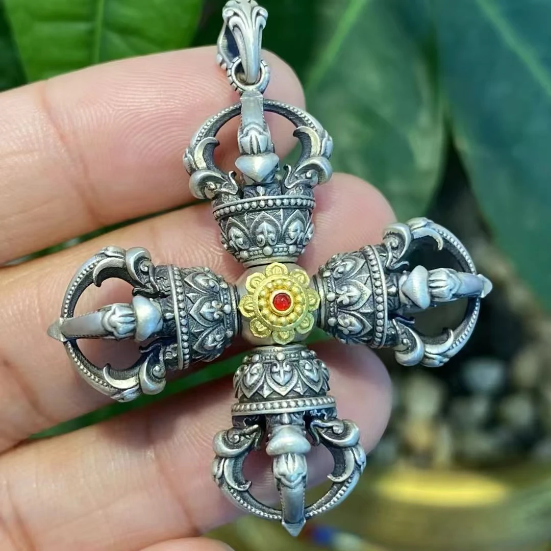 吊坠925银 藏式原创设计925纯银可转动十字金刚杵吊坠