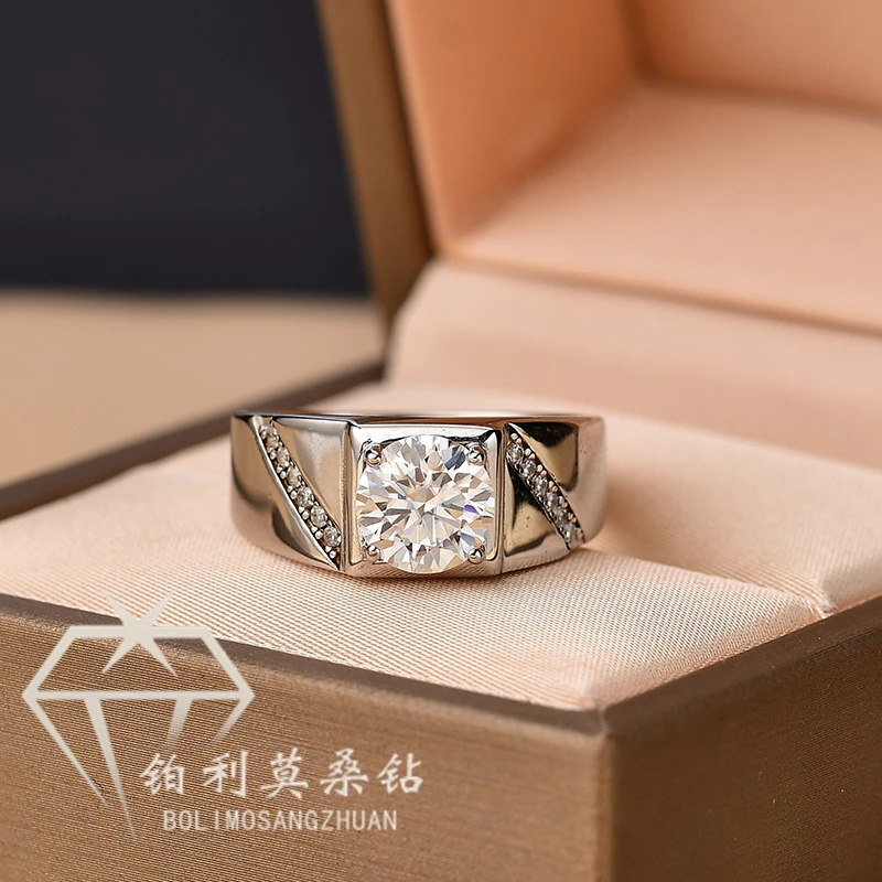 925银莫桑石戒指 通林气质男戒0.5-5克拉轻奢时尚结婚经典婚戒