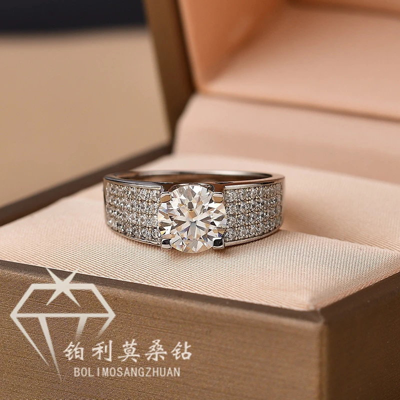 925银莫桑石戒指 牛头满天星男戒1-3克拉轻奢时尚结婚经典