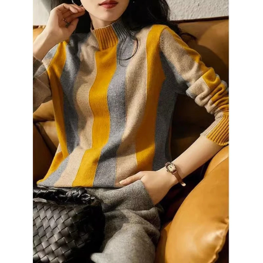 法芬图针织打底衫女装秋冬冬2024年新款条纹洋气内搭爆款半高领
