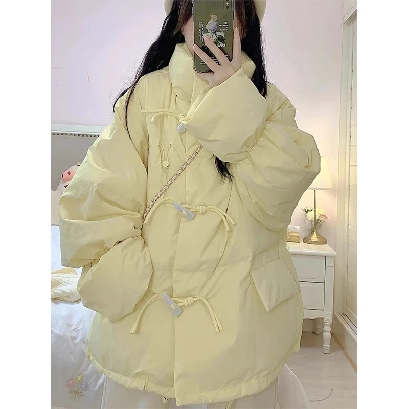 FARVENTOR/法芬图黄色时尚棉服女冬季韩系牛角扣棉衣外套宽松加厚