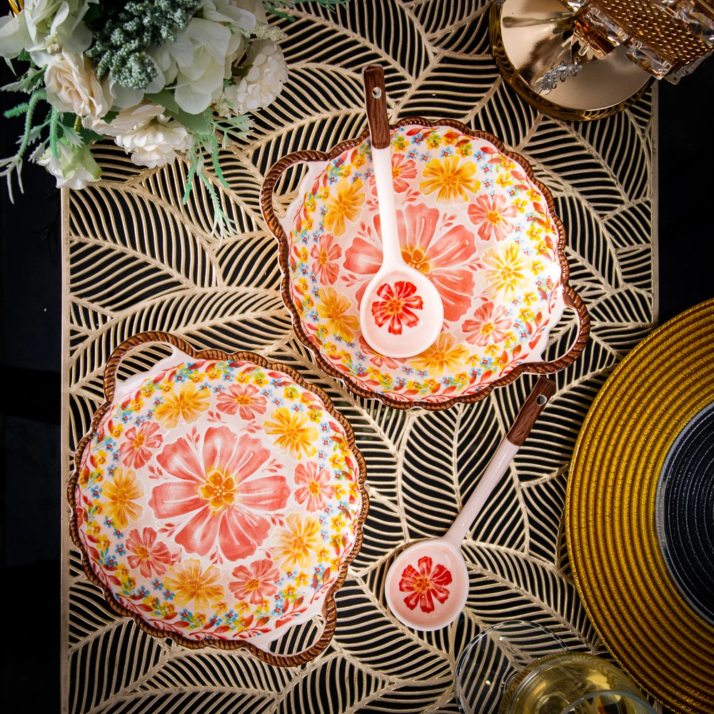 外贸出口【Diacelain】高端餐具蒲公英8英寸双耳花篮碗花瓣碗面碗