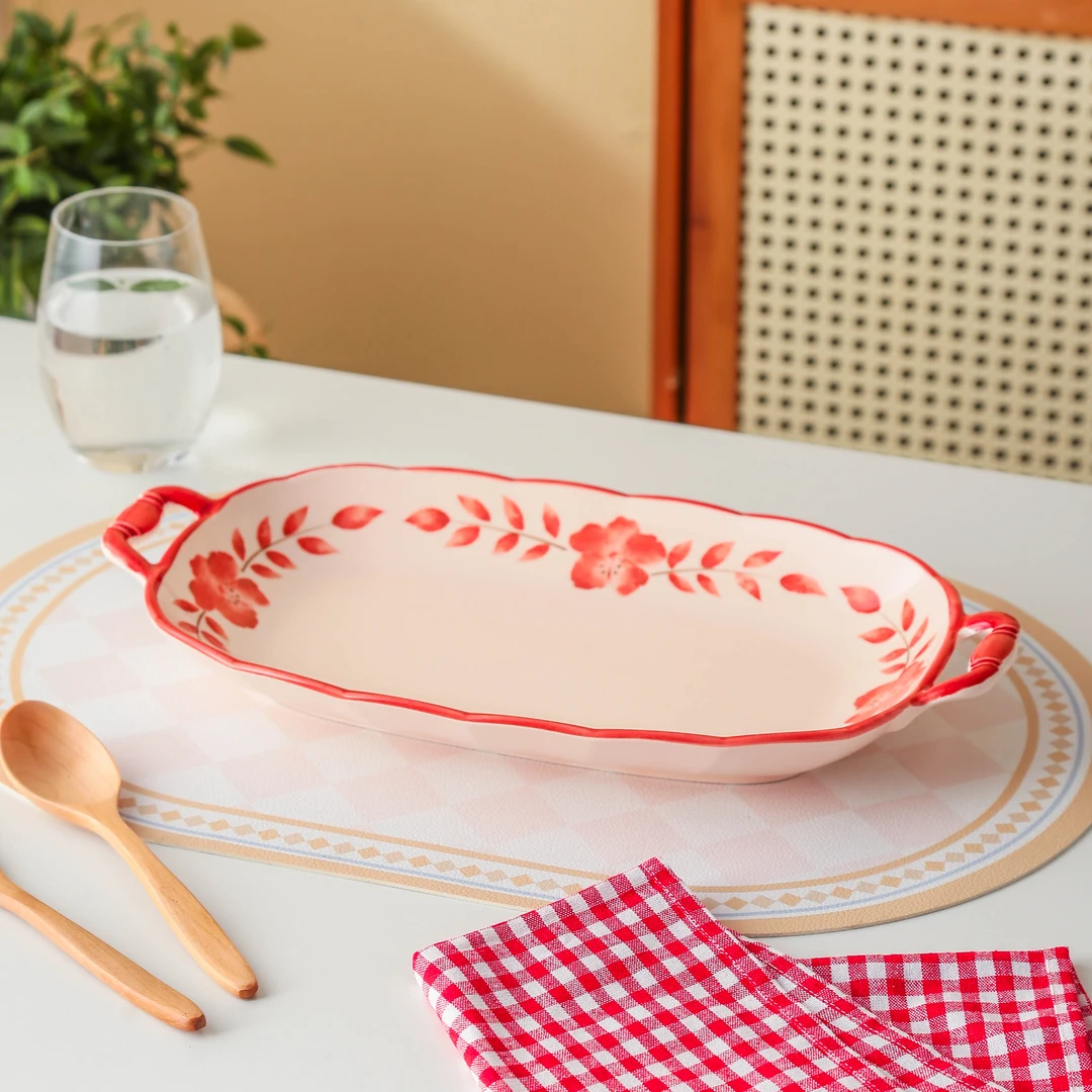 花知晓系列复古风红色结婚乔迁之喜餐具家用蒸鱼盘子刺身盘海鲜盘