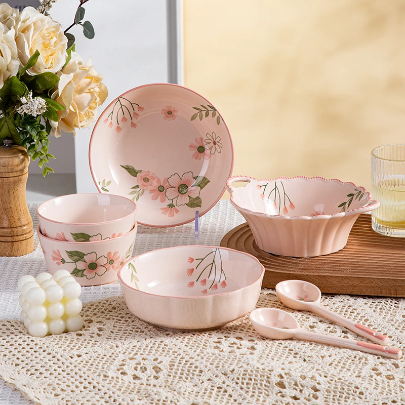 珊瑚海系列清新可爱高颜值家用陶瓷餐具饭碗汤碗汤盘套装（7件套）