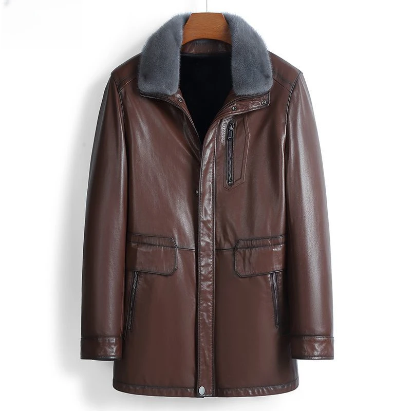 2024可拆卸水貂内胆中长款貂皮大衣男山羊皮外套整貂海宁真皮皮草