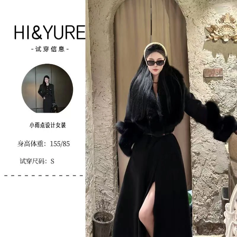 ◤小雨◢黑色环保毛赫本风高级感女独特长款收腰气质外套