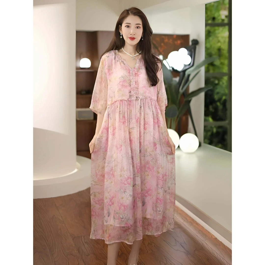 【就一件了赶上就合适】2406粉色春夏高端女装蝴蝶裙摆大码连衣裙