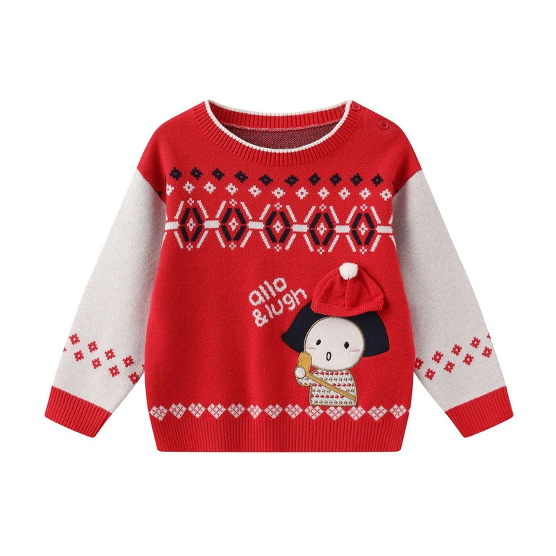 阿路和如女童外套秋冬2024新撞色印花休闲针织毛衣针织衣