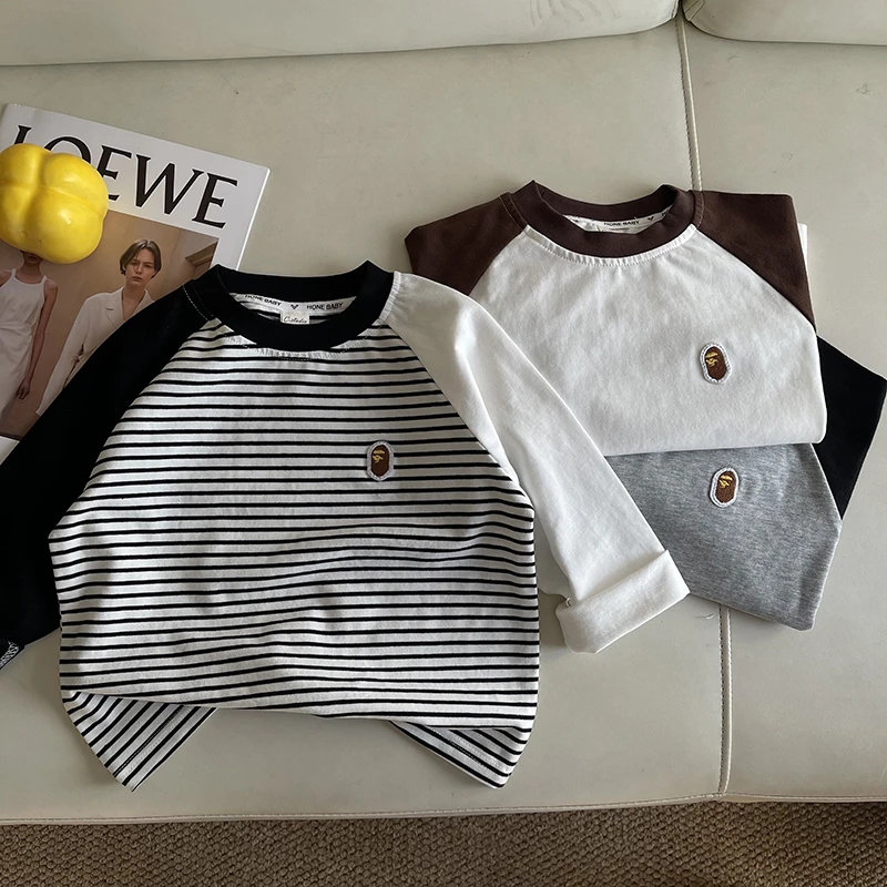 Y.Ystudio-儿童条纹t恤春款打底衫手感软男童长袖韩版女童上衣春