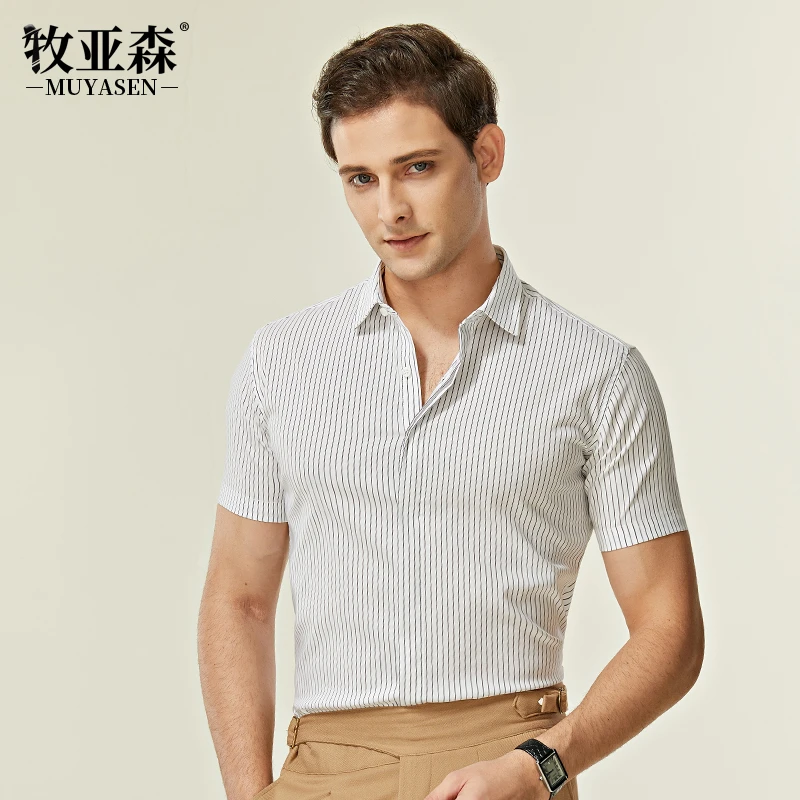 竖条纹男士翻领暗门襟衬衫韩版潮流修身休闲显瘦轻熟风高级感衬衣